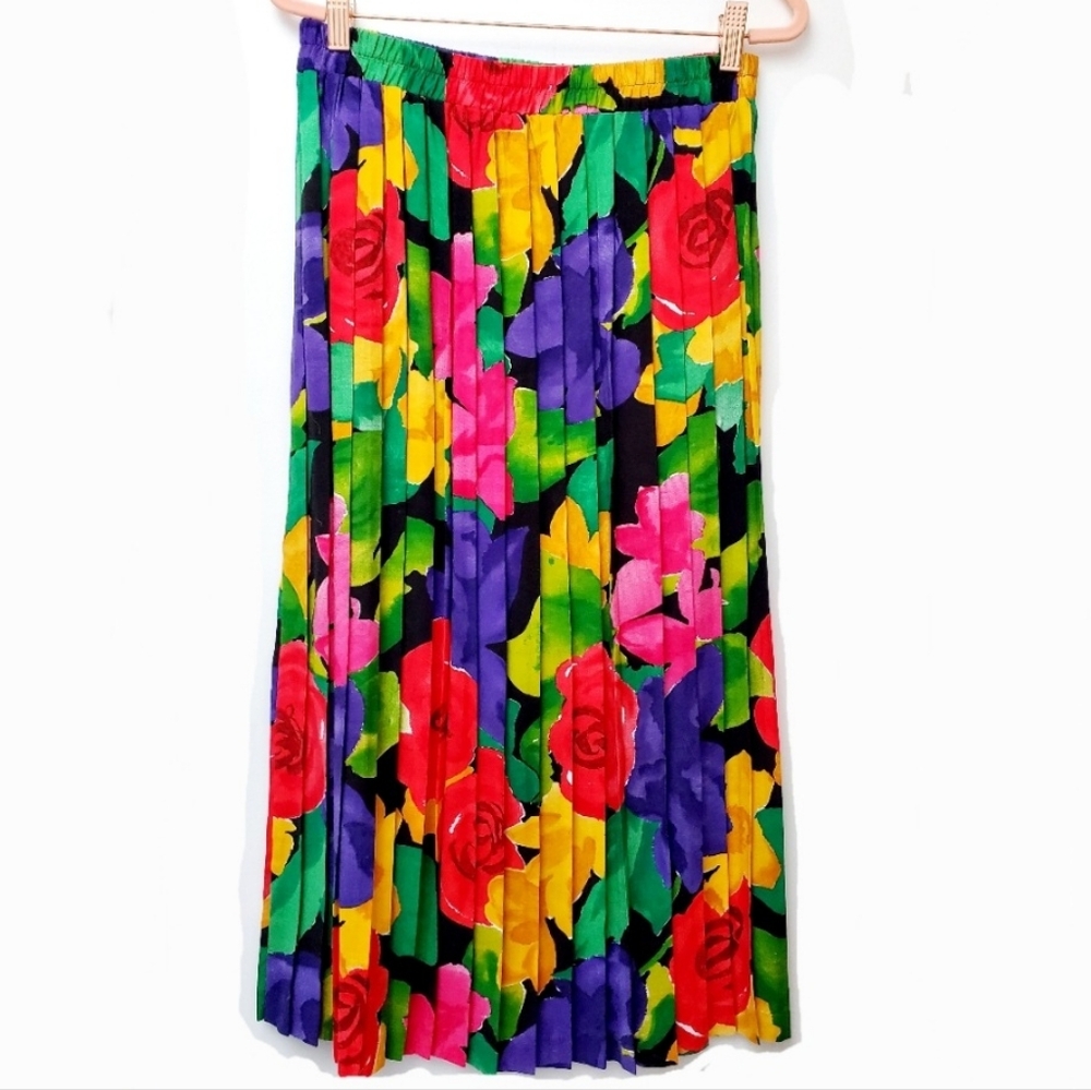 VTG Petite Sophisticated Illustrations Multicolor Pleated Floral Boho Skirt Sz M